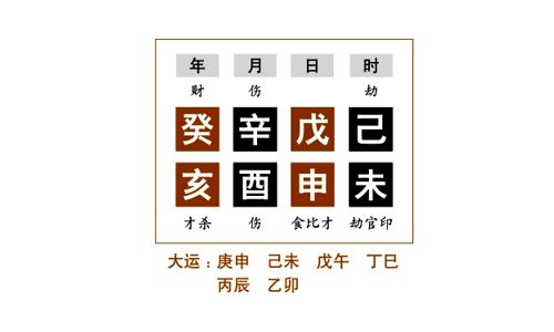 伤官用劫格命例分析：日主是戊土，土生金，时干是食神庚金，生于酉月，金正当时令，处于旺盛